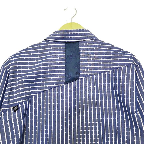 Rock Roll N Soul Shirt Men Large Blue White Button Flip Cuff Embroidered Striped - Picture 7 of 11